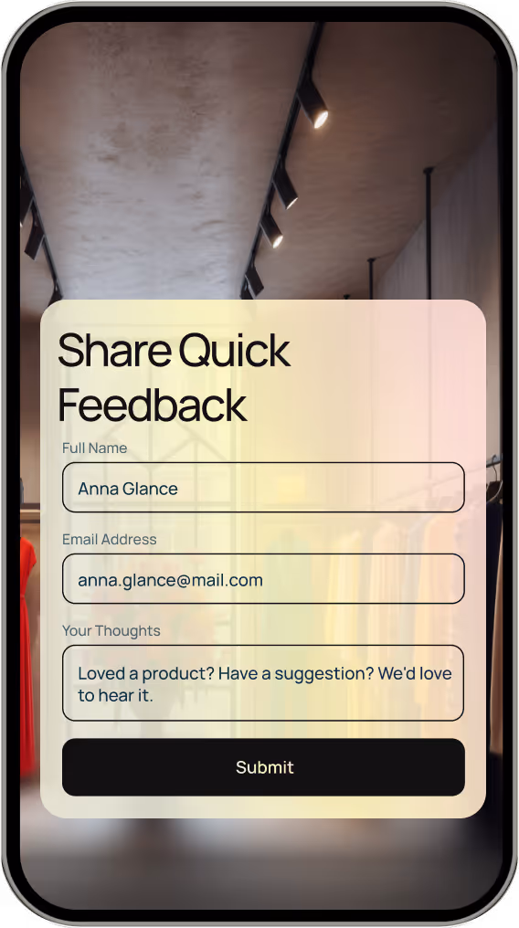 Mobile screen showing a feedback form with fields for full name, email, and thoughts, and a submit button.