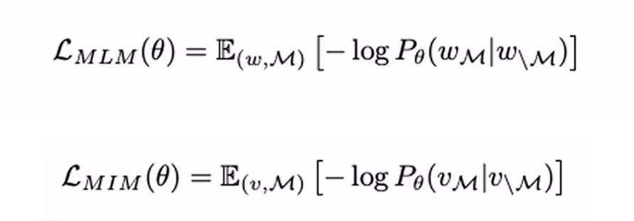 Mathematical equations for masked language modeling loss and masked image modeling loss, showing expected negative log probabilities with masked tokens or patches given unmasked context.