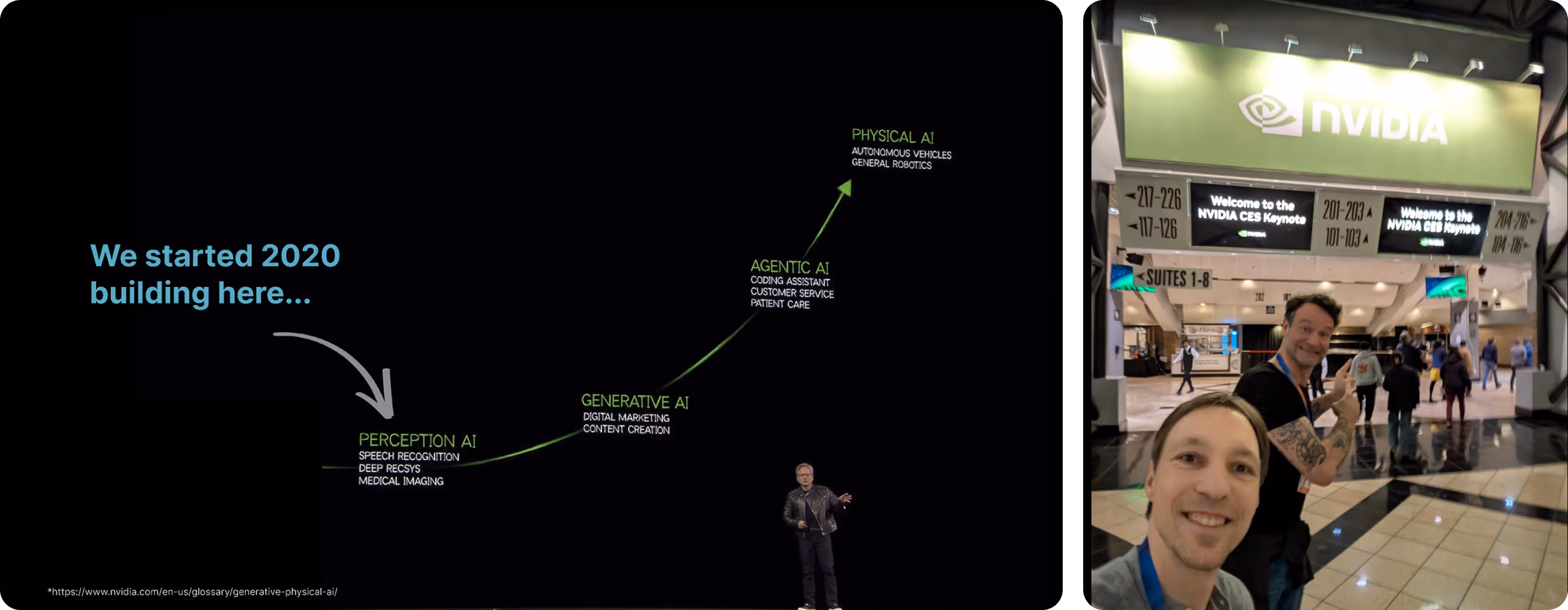 NVIDIA presentation slide showing AI development timeline starting in 2020 from Perception AI to Physical AI, alongside a photo of two men smiling at an NVIDIA CES event entrance.