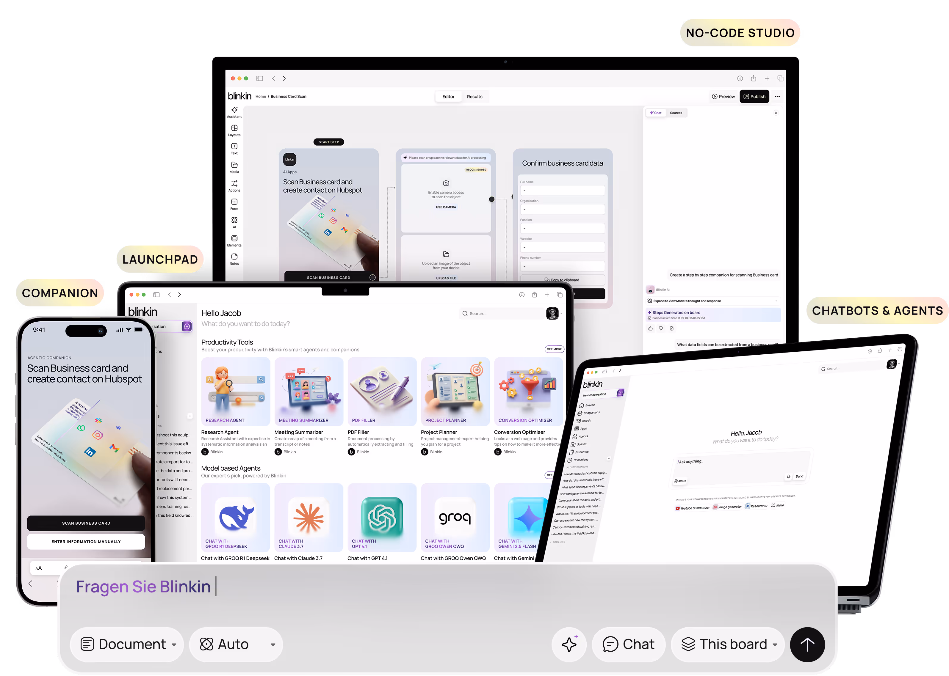 Screens showing Blinkin's no-code studio, launchpad with productivity tools, and chatbots interface for scanning business cards and managing tasks.