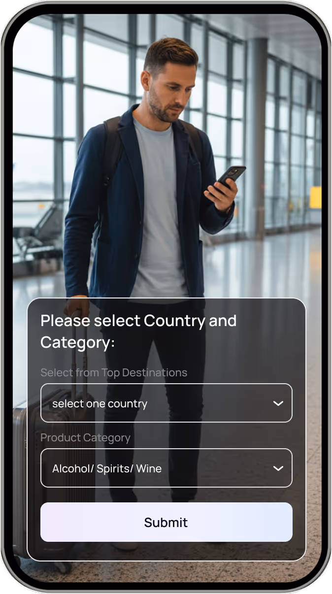 Man with backpack and suitcase in airport looking at phone, with overlay of a mobile form to select country and product category.