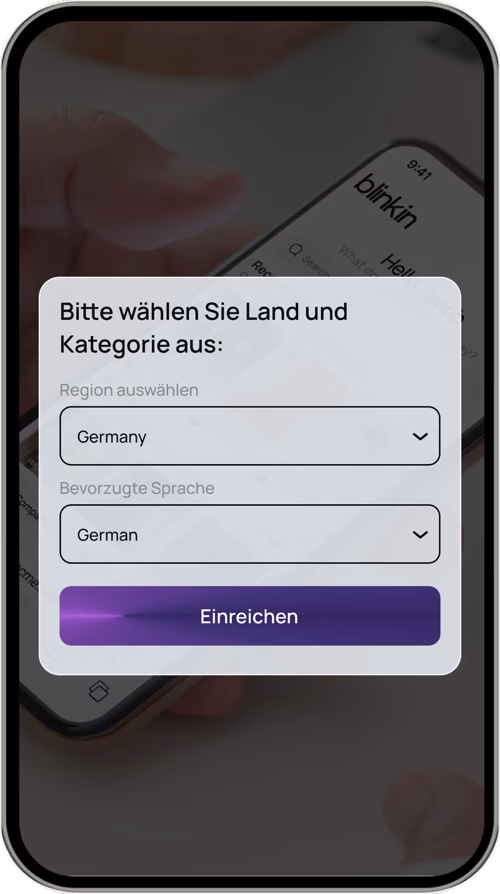 Mobile phone screen showing a form in German asking to select country and preferred language with dropdowns for Germany and German, and a purple submit button labeled Einreichen.
