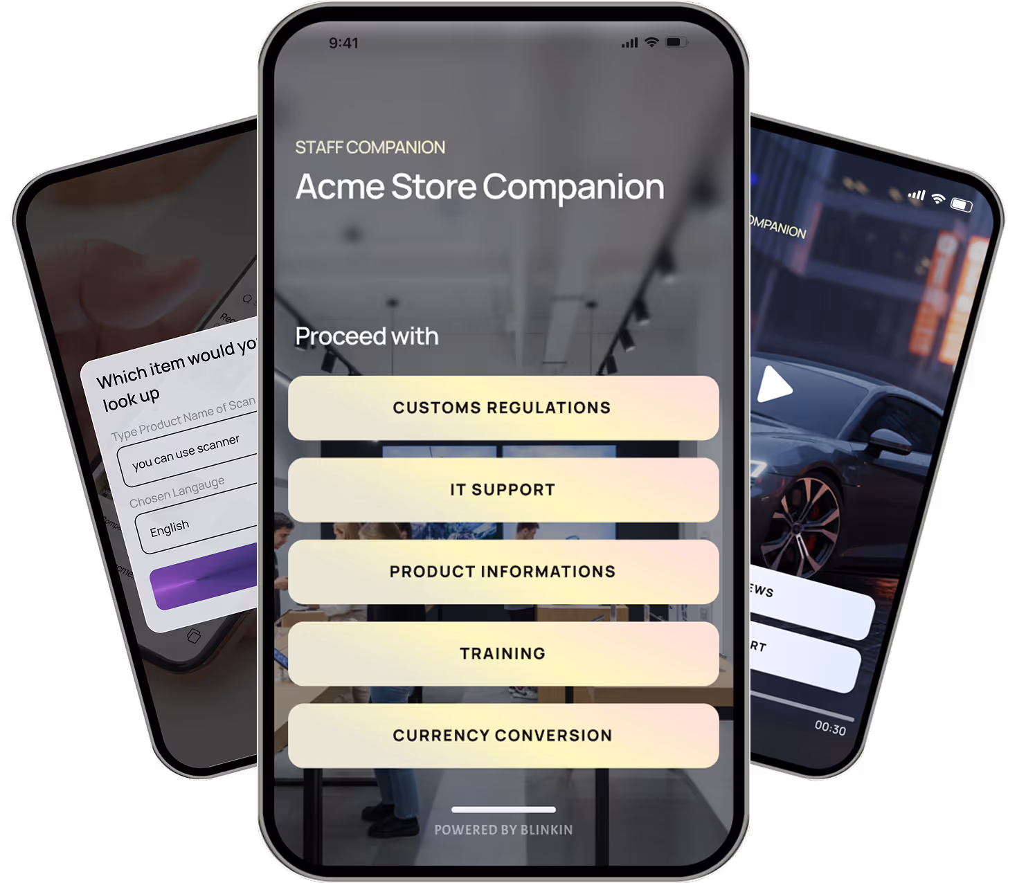 Smartphone displaying Acme Store Companion app with options for customs regulations, IT support, product information, training, and currency conversion.