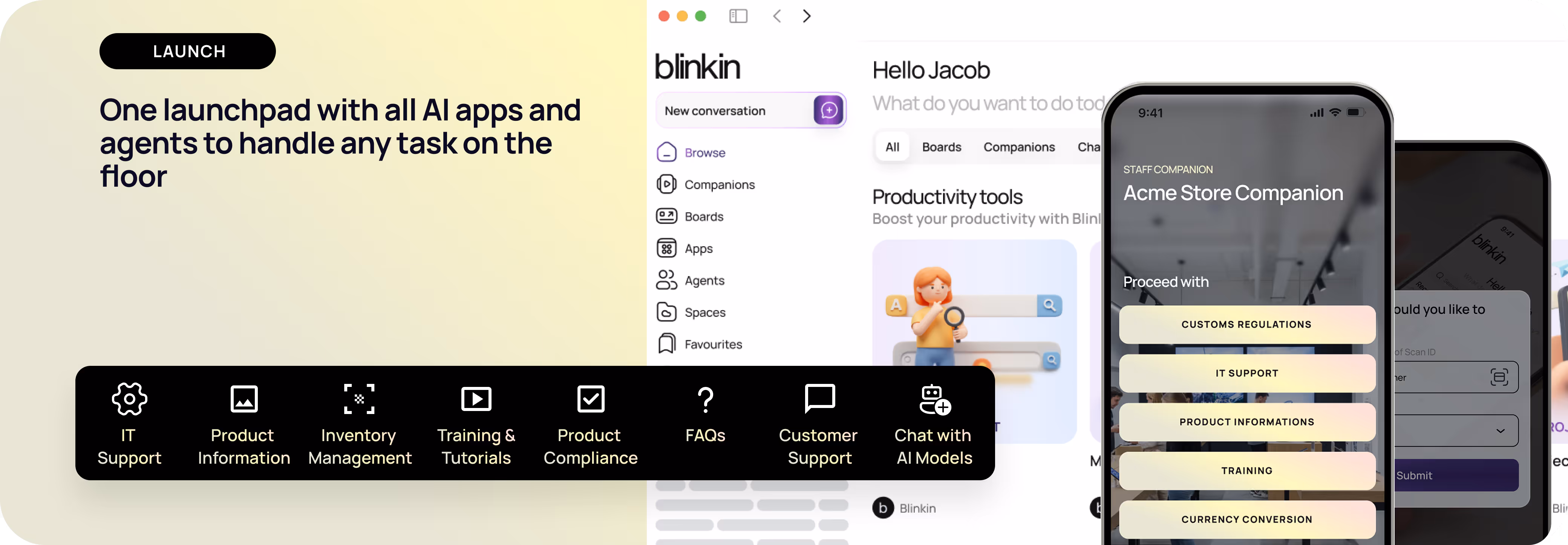 Interface showing a launchpad for AI apps with icons for IT support, product information, inventory management, training tutorials, product compliance, FAQs, customer support, and chat with AI models, along with a smartphone screen displaying options like customs regulations and IT support for Acme Store Companion.