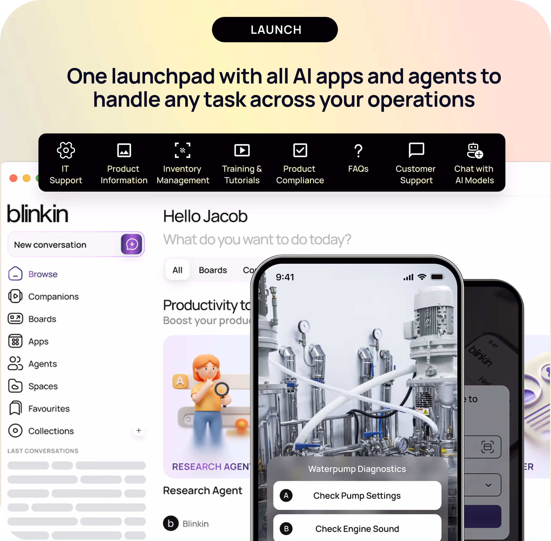 Dashboard of Blinkin AI launchpad showing options for IT support, product information, inventory management, and a mobile screen displaying water pump diagnostics with options to check pump settings and engine sound.