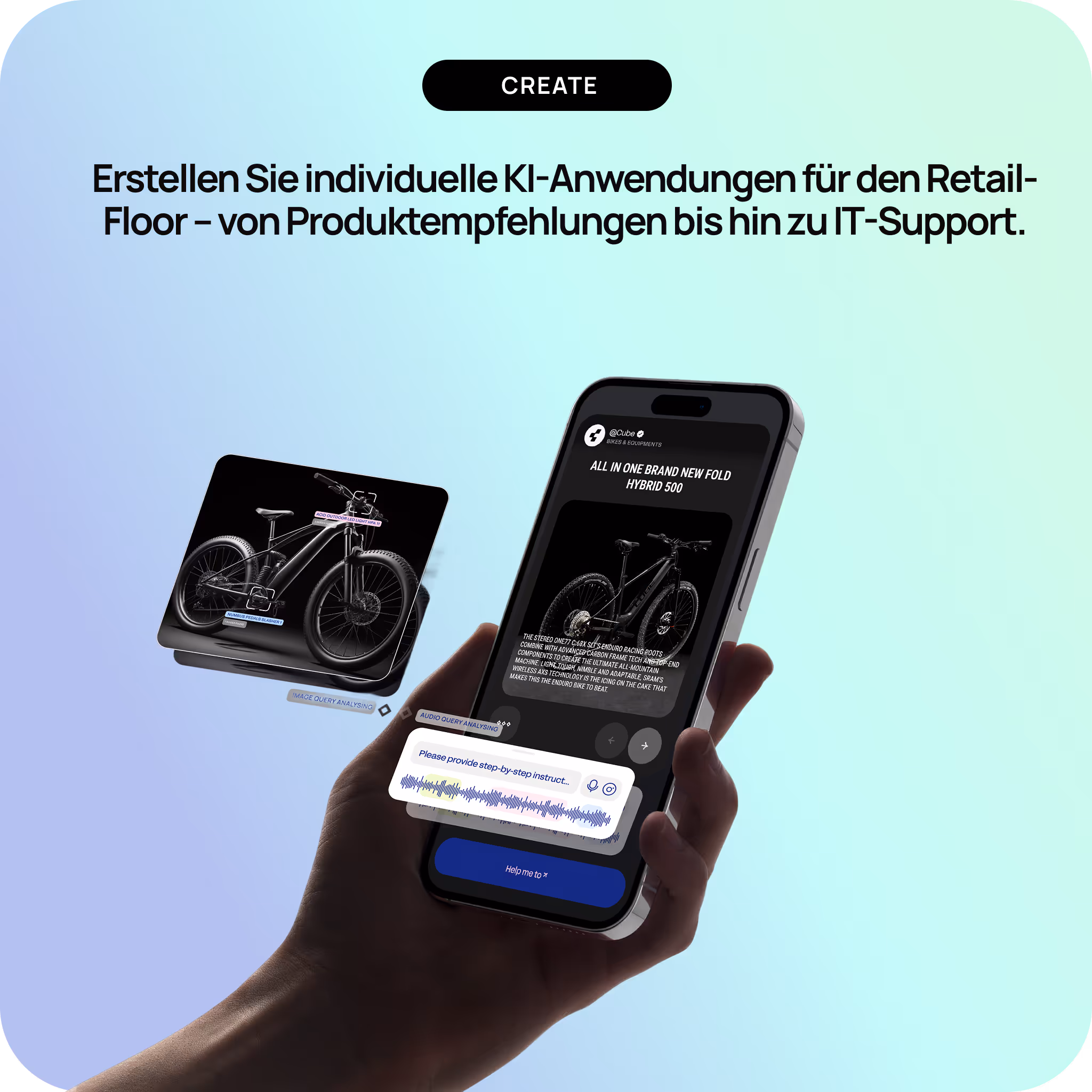 Hand holding smartphone displaying a bike product page with AI analysis overlays and voice command waveform on a gradient background.