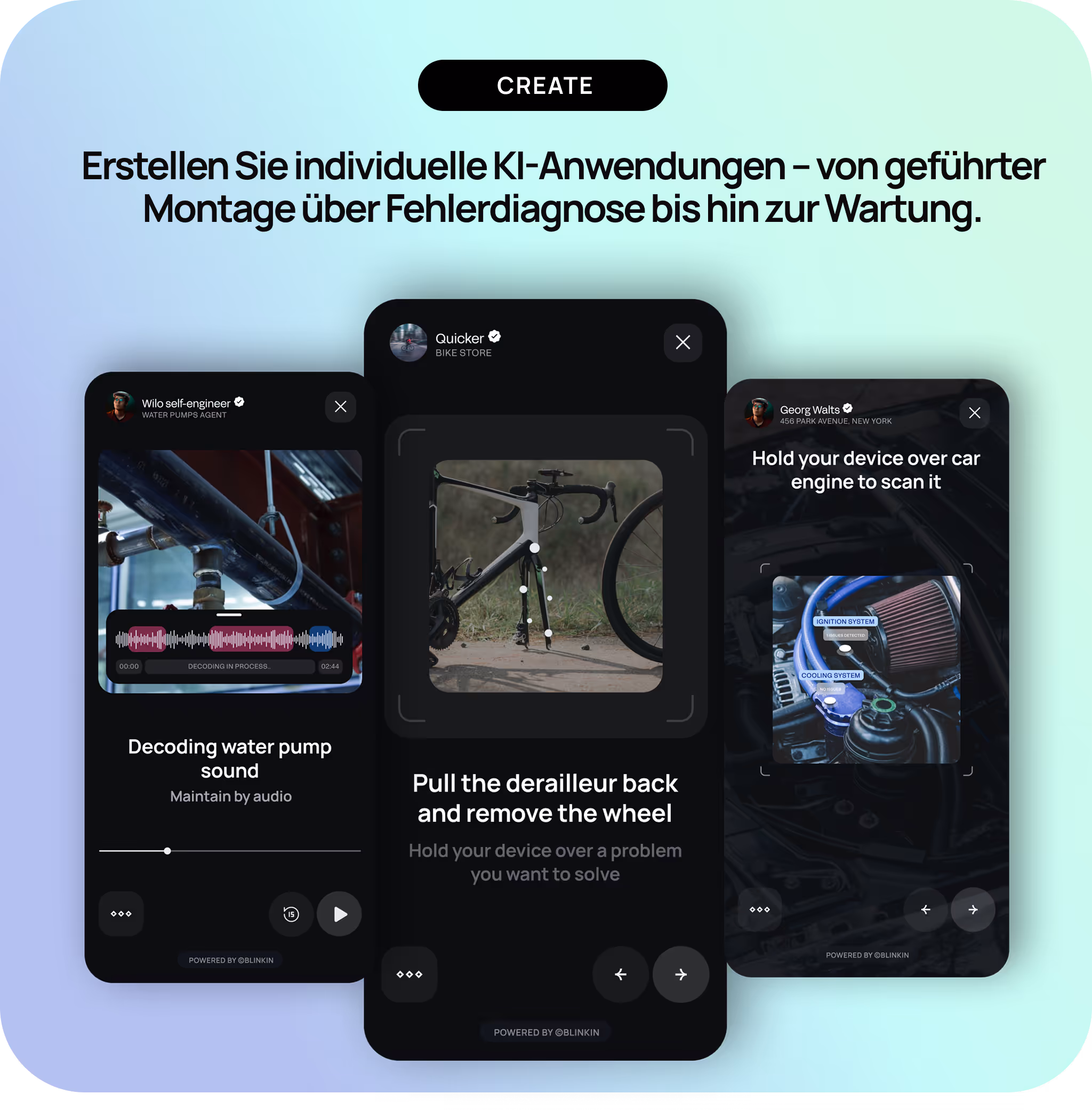 Interface showcasing three AI-powered maintenance tools: decoding water pump sound by audio, bike repair instructions to pull the derailleur back and remove the wheel, and scanning a car engine for ignition and cooling systems.