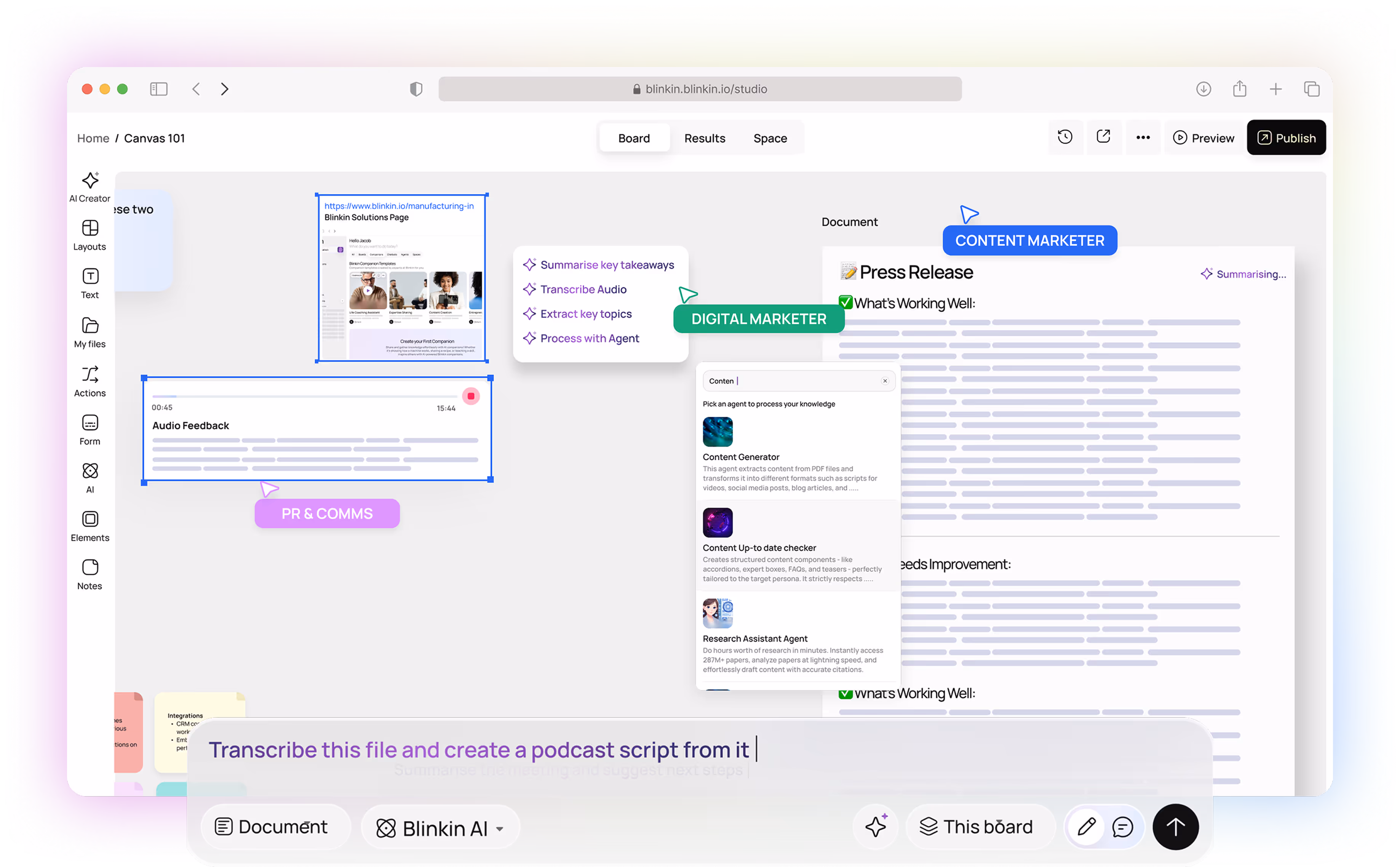 Screenshot of a collaborative digital workspace showing different marketing roles with tasks like summarizing key takeaways, transcribing audio, and content generation on a virtual canvas.