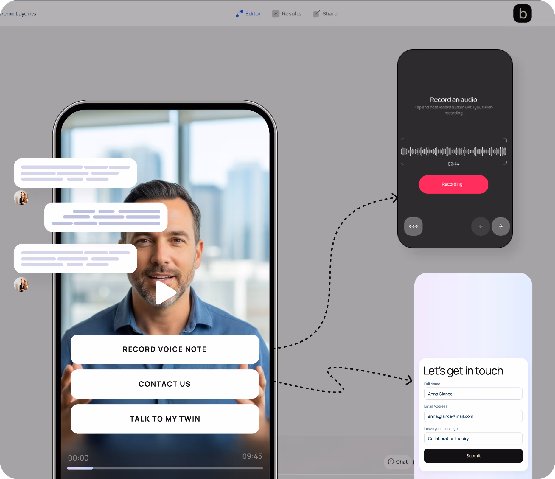 Mobile interface showing a video call with a man and options to record voice note, contact, or talk to twin, linked to audio recording and contact form screens.