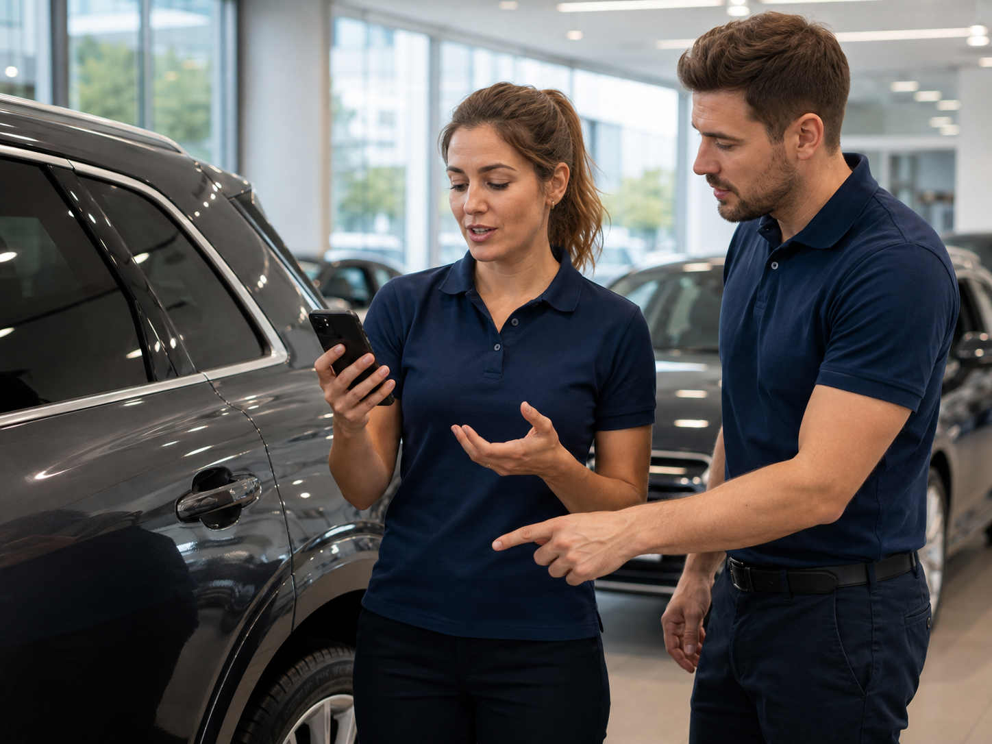 Verkaufsteam bespricht ein Fahrzeug und nutzt dabei den Autohaus-Wissensassistenten