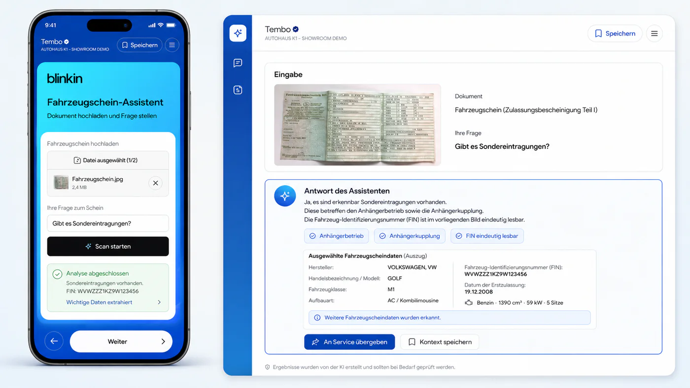 Blinkin Assistent analysiert einen Fahrzeugschein und zeigt strukturierte Antworten