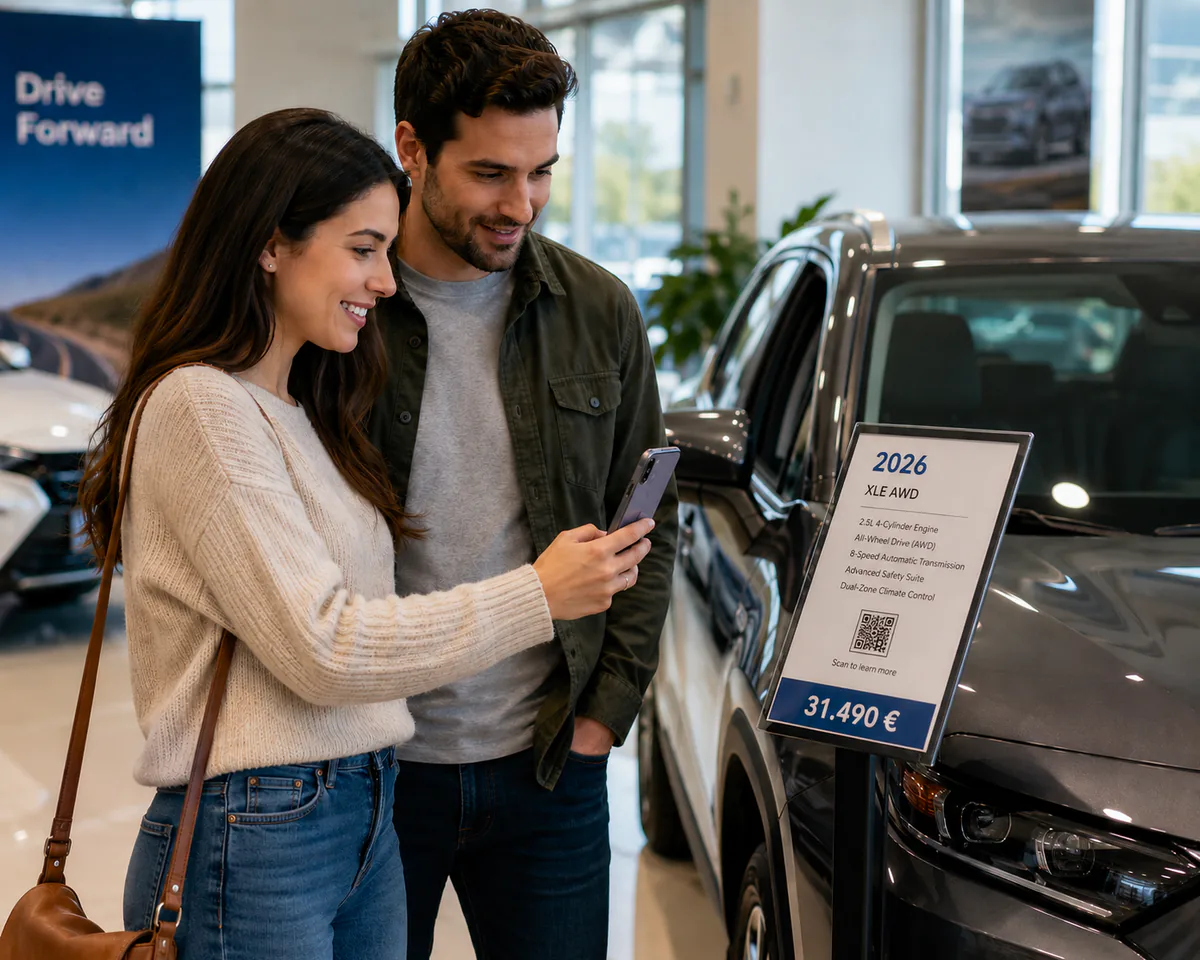 Kundinnen und Kunden scannen einen QR-Code direkt am Fahrzeug im Autohaus
