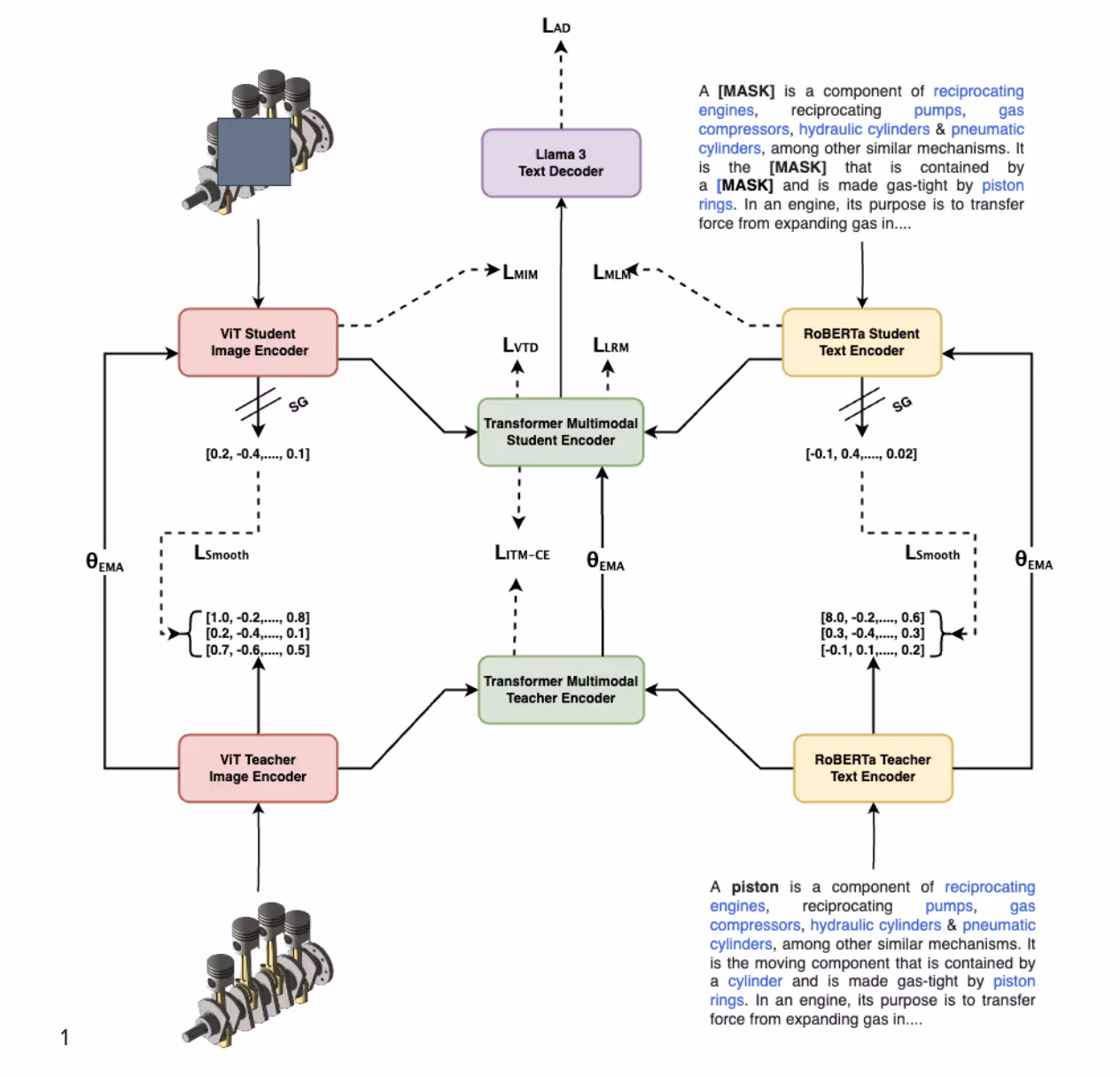 Diagram illustrating a multimodal learning architecture with ViT and RoBERTa encoders for image and text, a transformer multimodal encoder, and a Llama 3 text decoder, showing connections and loss functions.