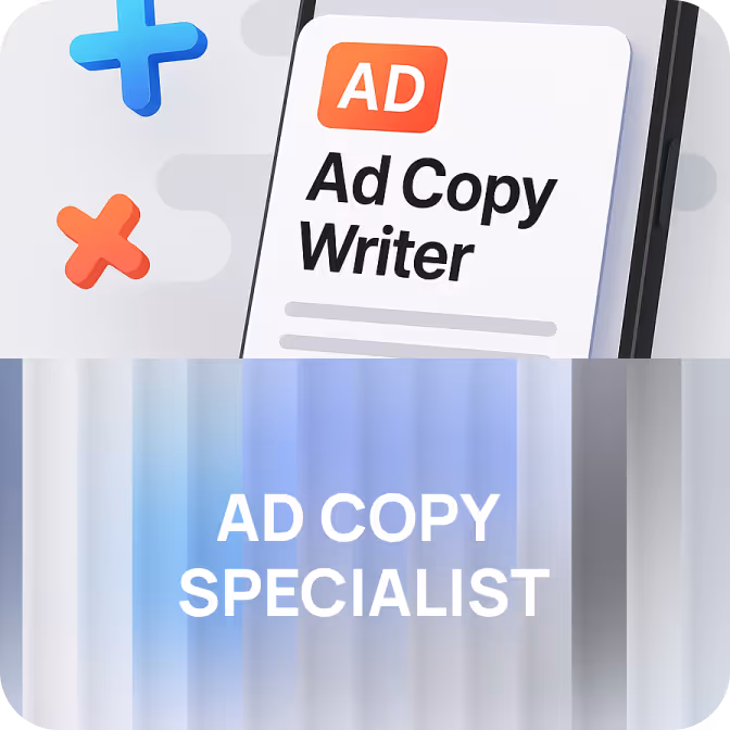 Two-part image showing a mobile screen with 'Ad Copy Writer' text and a blurred background displaying 'AD COPY SPECIALIST'.