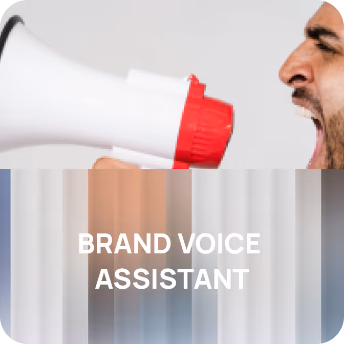 Man shouting into a white and red megaphone against a light background with text 'Brand Voice Assistant'.
